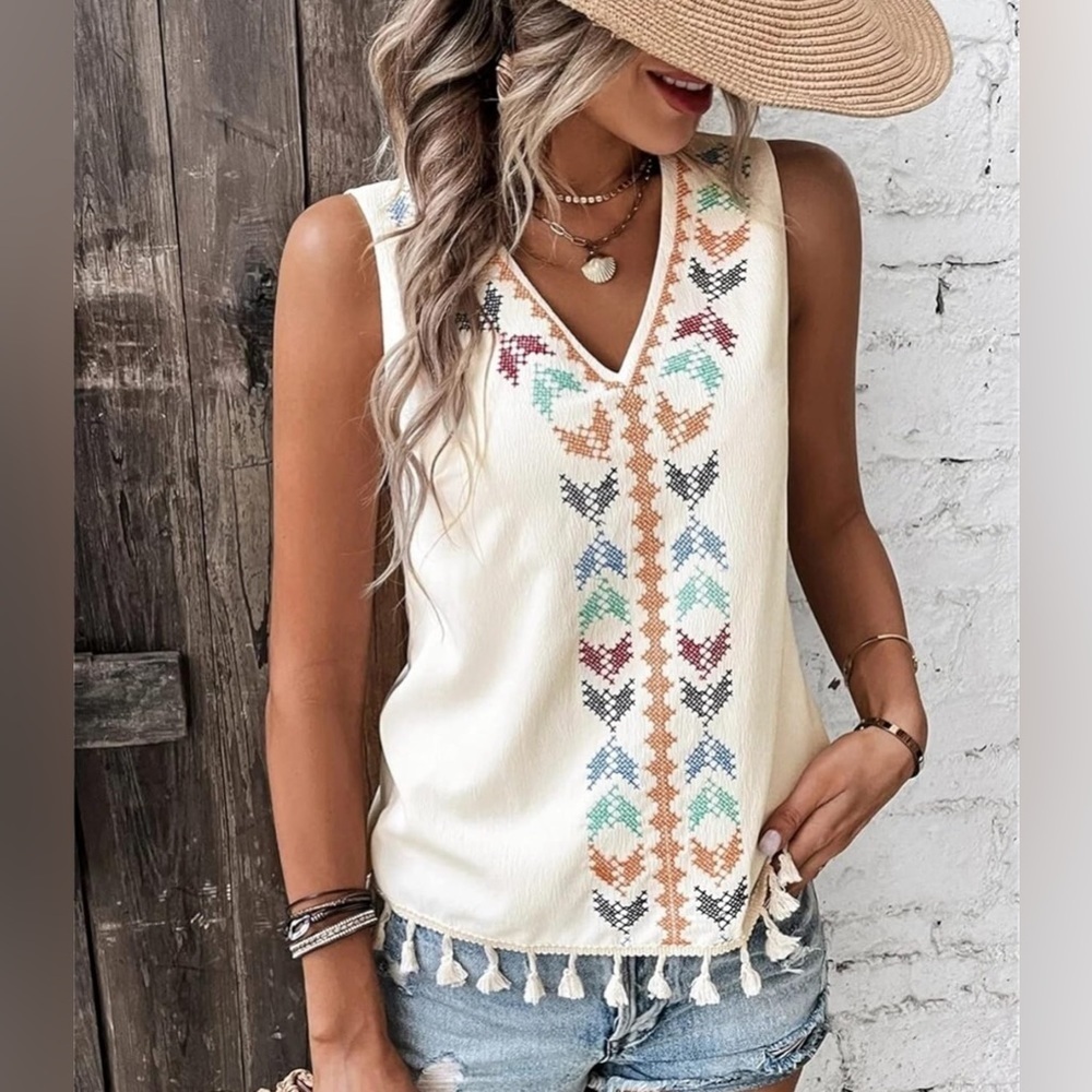 NEW Creamy White Embroidered Aztec Design Sleeveless Blouse With Tassels
